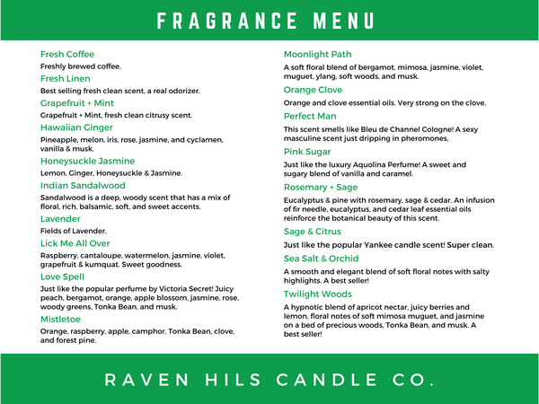 Fragrance Menu for 9 oz Candles by Raven Hils Candle Co.